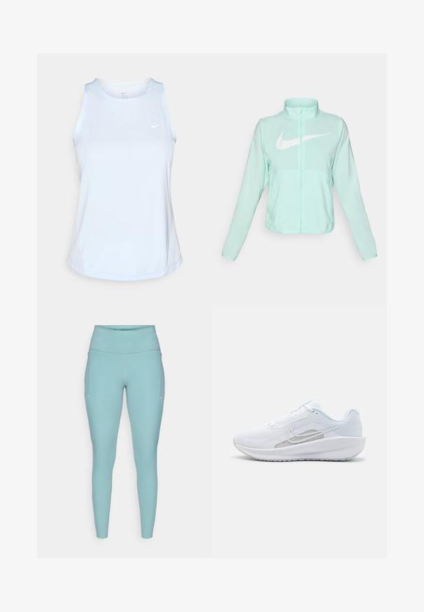 Mintgrøn Nike-jakke med høj krave, fuld lynlås, lange ærmer og et fremtrædende hvidt swoosh-logo på brystet. Letvægtsstof.; Lyseblå ærmeløs træningstop med rund halsudskæring, lavet af glat stof, med mesh-sider og et lille logo på brystet.; Lyseblå leggings lavet af strækbart materiale, med en høj talje, sømløst design og minimale hvide detaljer på siderne.; Hvid træningssko med mesh-overdel, rund tå og tekstureret sål. Har et sølvfarvet Nike-swoosh og et minimalistisk design.