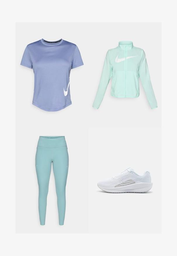 Jaka mint zelene barve Nike z visokim ovratnikom, polnim zadrgo, dolgimi rokavi in izrazitim belim logotipom swoosh na prsih. Lahka tkanina.; Svjetlucasto ljubičasta atletska majica s okruglim izrezom, kratkim rukavima i zakrivljenim rubom. Sadrži bijeli Nike logo sa strane. Mekana tekstura tkanine.; Svetlo modre leginge iz raztegljivega materiala, ki imajo visok pas, brezšivno zasnovo in minimalne bele poudarke na straneh.; Bela športna čevlja z mrežastim zgornjim delom, zaobljenim nosom in teksturiranim podplatom. Ima srebrni Nike znak in minimalističen dizajn.