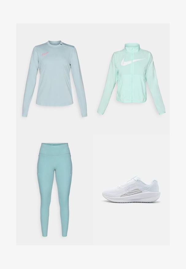 Giacca Nike verde menta con colletto alto, zipper completa, maniche lunghe e un grande logo swoosh bianco sul petto. Tessuto leggero.; Maglietta Nike a maniche lunghe azzurro chiaro con collo rotondo, caratterizzata da un logo rosa sulla spalla sinistra e un tessuto liscio e strutturato.; Leggings azzurri chiari realizzati in materiale elasticizzato, caratterizzati da un'alta vita, design senza cuciture e minimi accenti bianchi sui lati.; Scarpa sportiva bianca con tomaia in rete, punta arrotondata e suola testurizzata. Presenta il logo Nike in argento e un design minimalista.