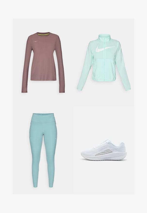 Mint green Nike jacket with a high collar, full zipper, long sleeves, and a prominent white swoosh logo on the chest. Lightweight fabric.; HOKA AIROLITE RUN LONG SLEEVE - Long sleeved top - smokey quartz; Light blue leggings made of stretchable material, featuring a high waistband, seamless design, and minimal white accents on the sides.; White athletic shoe with mesh upper, rounded toe, and textured sole. Features a silver Nike swoosh and minimalistic design.
