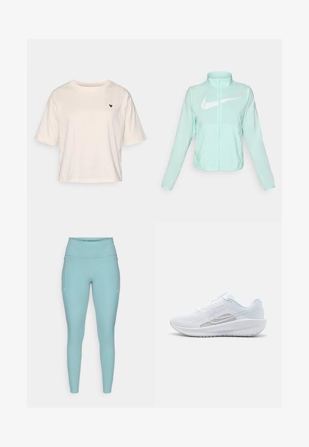 Mintgrüner Nike-Jacke mit hohem Kragen, durchgehendem Reißverschluss, langen Ärmeln und einem auffälligen weißen Swoosh-Logo auf der Brust. Leichtes Material.; Helles beige, kurz geschnittenes T-Shirt aus Baumwolle. Verfügt über kurze Ärmel und ein kleines, dreieckiges Logo auf der linken Brust. Einfaches Design, lockere Passform.; Helle blaue Leggings aus dehnbarem Material, mit hohem Bund, nahtlosem Design und minimalen weißen Akzenten an den Seiten.; Weißer Sport Schuh mit Mesh-Obermaterial, abgerundeter Zehenpartie und strukturiertem Sohlenprofil. Mit einem silbernen Nike Swoosh und minimalistischem Design.