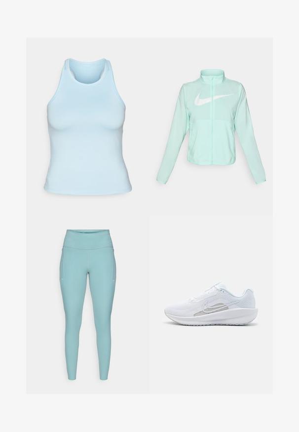 Jaka mint zelene barve Nike z visokim ovratnikom, polnim zadrgo, dolgimi rokavi in izrazitim belim logotipom swoosh na prsih. Lahka tkanina.; Svetlo modra brezrokavnik iz elastičnega materiala, s poudarjenim okrog limom in zasnovo v stilu športnih hrbtov, z gladko, prilegajočo se silhueto.; Svetlo modre leginge iz raztegljivega materiala, ki imajo visok pas, brezšivno zasnovo in minimalne bele poudarke na straneh.; Bela športna čevlja z mrežastim zgornjim delom, zaobljenim nosom in teksturiranim podplatom. Ima srebrni Nike znak in minimalističen dizajn.