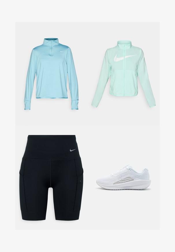 Mint green Nike jacket with a high collar, full zipper, long sleeves, and a prominent white swoosh logo on the chest. Lightweight fabric.; Light blue long-sleeve athletic top with a half-zip collar, featuring a slim fit and Nike logo on the chest. Soft, stretchy fabric.; Black high-waisted athletic shorts made of stretchy material; features side pockets and a small Nike logo on the waistband.; White athletic shoe with mesh upper, rounded toe, and textured sole. Features a silver Nike swoosh and minimalistic design.