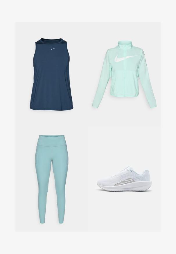 Mint green Nike jacket with a high collar, full zipper, long sleeves, and a prominent white swoosh logo on the chest. Lightweight fabric.; Nike Performance ONE CLASSIC TANK - Top - armory navy/black; Light blue leggings made of stretchable material, featuring a high waistband, seamless design, and minimal white accents on the sides.; White athletic shoe with mesh upper, rounded toe, and textured sole. Features a silver Nike swoosh and minimalistic design.
