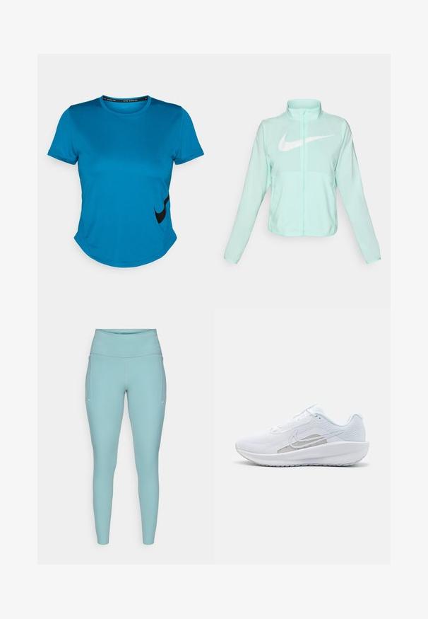 Chaqueta Nike de color verde menta con un alto cuello, cremallera completa, mangas largas y un prominente logo en forma de swoosh blanco en el pecho. Tejido ligero.; Camiseta deportiva de manga corta azul hecha de una tela suave, con un logo negro de Nike en el lado inferior izquierdo y un dobladillo curvado.; Leggings de color azul claro, hechos de material elástico, con una cintura alta, diseño sin costuras y acentos blancos mínimos a los lados.; Zapatilla deportiva blanca con parte superior de malla, punta redondeada y suela texturizada. Presenta un swoosh de Nike plateado y un diseño minimalista.