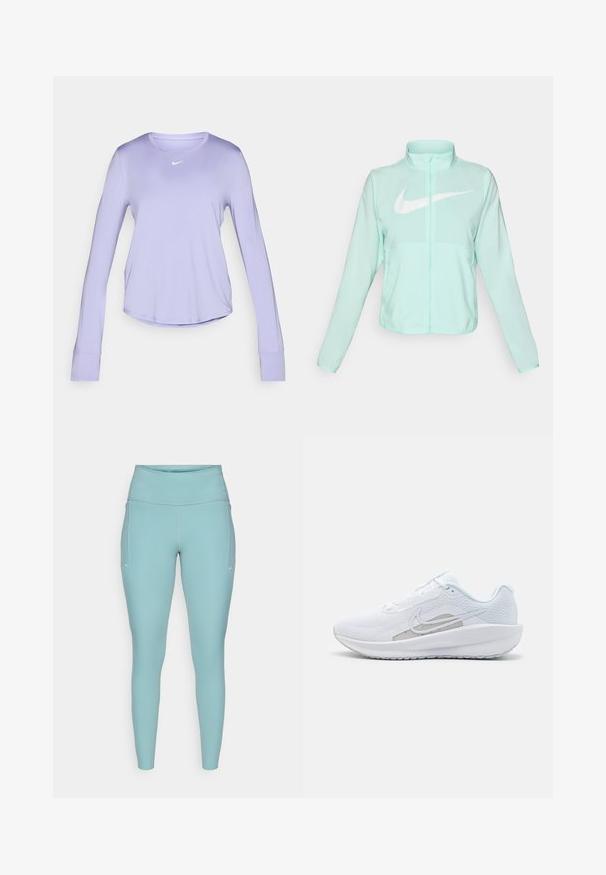 Casaco Nike verde menta com colarinho alto, fecho completo, mangas longas e um proeminente logótipo swoosh branco no peito. Tecido leve.; Camisa atlética de manga longa em lavanda, feita de um tecido suave e leve. Apresenta um decote redondo e um pequeno logotipo branco no peito.; Leggings azul claro feitos de material elástico, com uma cintura alta, design sem costuras e mínimos detalhes brancos nas laterais.; Sapatilha atlética branca com parte superior em rede, bico arredondado e sola texturizada. Apresenta o símbolo Nike em prata e um design minimalista.