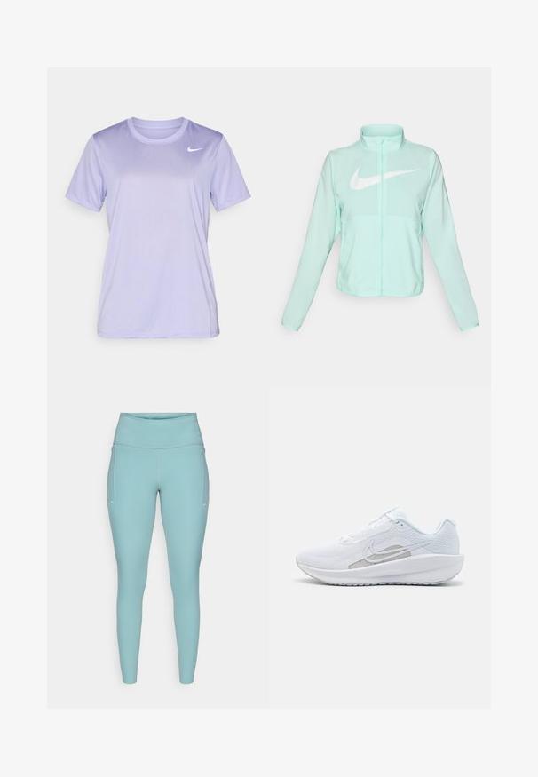 Jaka mint zelene barve Nike z visokim ovratnikom, polnim zadrgo, dolgimi rokavi in izrazitim belim logotipom swoosh na prsih. Lahka tkanina.; Vijolična atletska majica iz gladkega, lahkega materiala. Ima okroglo ovratnico in kratke rokave, na prsih pa je majhna bela Nike oznaka.; Svetlo modre leginge iz raztegljivega materiala, ki imajo visok pas, brezšivno zasnovo in minimalne bele poudarke na straneh.; Bela športna čevlja z mrežastim zgornjim delom, zaobljenim nosom in teksturiranim podplatom. Ima srebrni Nike znak in minimalističen dizajn.