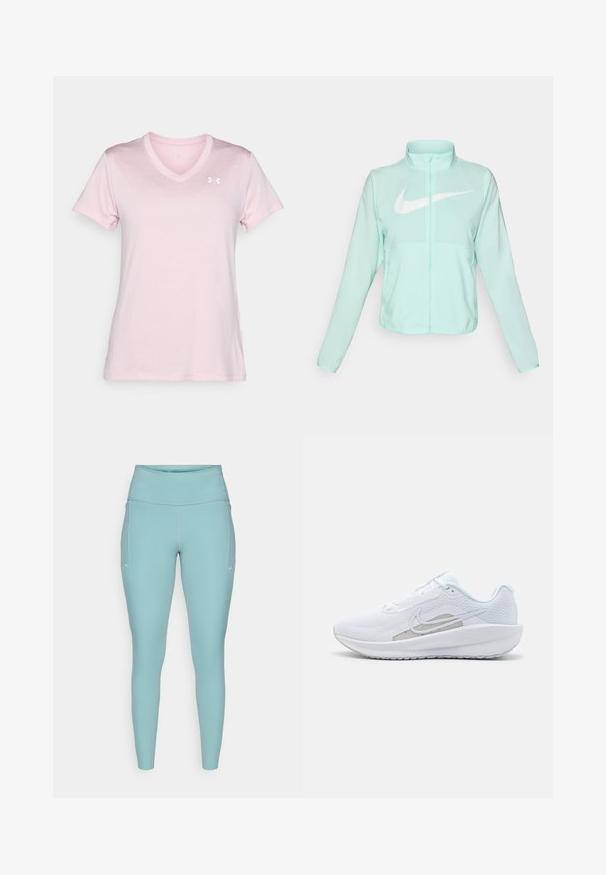 Minttu vihreä Nike-takki, jossa on korkea kaulus, täysi vetoketju, pitkät hihat ja suuri valkoinen swoosh-logo rinnassa. Kevyt kangas.; Vaaleanpunainen v-kaula-aukkoinen t-paita lyhyillä hihoilla, valmistettu pehmeästä kankaasta, jossa on pieni valkoinen logo vasemmalla ylhäällä.; Vaaleansiniset legginsit, jotka on valmistettu joustavasta materiaalista. Ne sisältävät korkean vyötärön, saumattoman muotoilun ja minimaalista valkoista yksityiskohtaa sivuilla.; Valkoinen urheilujalkine, jossa on verkkomateriaali ylhäällä, pyöreä varvas ja teksturoitu pohja. Varustettu hopeisella Nike-ikkunalla ja minimalistisella muotoilulla.