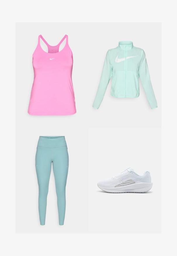 Mintgrüner Nike-Jacke mit hohem Kragen, durchgehendem Reißverschluss, langen Ärmeln und einem auffälligen weißen Swoosh-Logo auf der Brust. Leichtes Material.; Rosa Nike-Tanktop mit dünnen Trägern und einem kleinen weißen Swoosh-Logo auf der Vorderseite. Der Hintergrund ist schlicht weiß.; Helle blaue Leggings aus dehnbarem Material, mit hohem Bund, nahtlosem Design und minimalen weißen Akzenten an den Seiten.; Weißer Sport Schuh mit Mesh-Obermaterial, abgerundeter Zehenpartie und strukturiertem Sohlenprofil. Mit einem silbernen Nike Swoosh und minimalistischem Design.