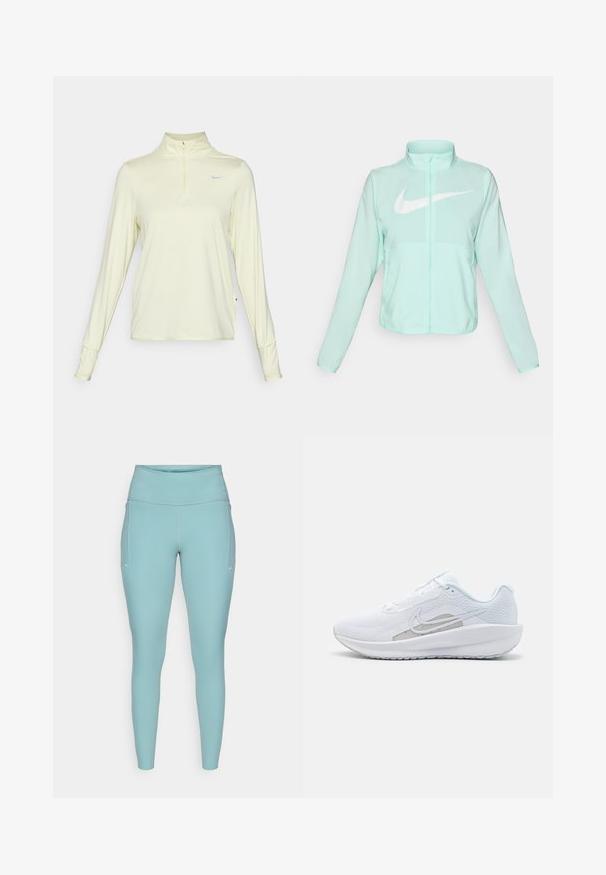 Chaqueta Nike de color verde menta con un alto cuello, cremallera completa, mangas largas y un prominente logo en forma de swoosh blanco en el pecho. Tejido ligero.; Nike Performance SWIFT - Camiseta de manga larga - life lime/white/reflective silver; Leggings de color azul claro, hechos de material elástico, con una cintura alta, diseño sin costuras y acentos blancos mínimos a los lados.; Zapatilla deportiva blanca con parte superior de malla, punta redondeada y suela texturizada. Presenta un swoosh de Nike plateado y un diseño minimalista.