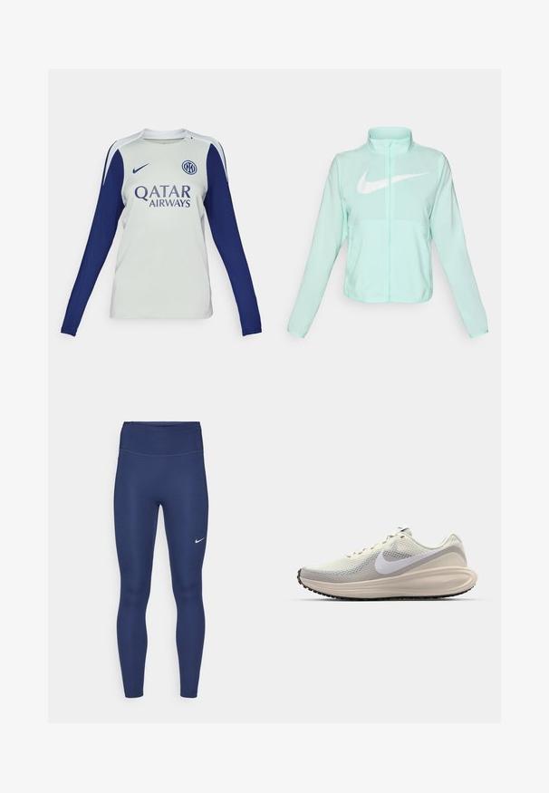 Mint green Nike jacket with a high collar, full zipper, long sleeves, and a prominent white swoosh logo on the chest. Lightweight fabric.; Long-sleeve football jersey in light gray with navy blue sleeves. Features a round neckline, Nike logo, and Qatar Airways branding on the front.; Navy leggings with a high waistband, made of stretchy fabric. Features subtle stitching and a small white Nike logo on the left thigh.; Sneakers with a light gray mesh upper, white Nike swoosh, cushioned midsole, sleek shape, and black rubber outsole with tread pattern.