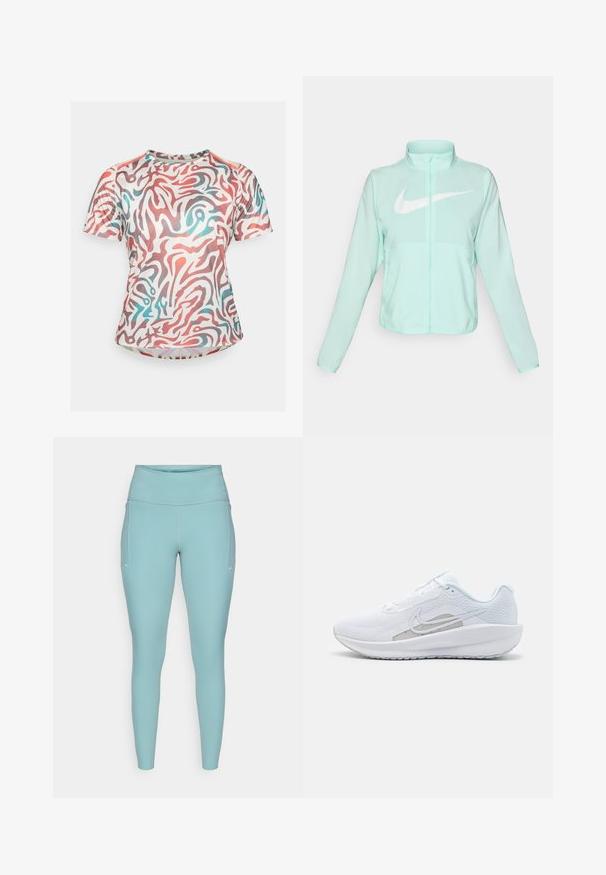 Jaka mint zelene Nike boje s visokim ovratnikom, punim patentnim zatvaračem, dugim rukavima i istaknutim bijelim Swoosh logom na prsima. Lagani materijal.; Majica kratkih rukava sportskog stila s bijelom podlogom i apstraktnim crvenim i plavim vijugavim uzorkom. Izrađena od glatkog, rastezljivog materijala.; Svijetloplave tajice izrađene od rastezljivog materijala, s visokim pojasom, bezšavnim dizajnom i minimalnim bijelim detaljima sa strane.; Bijela atletska cipela s mrežastom gornjom površinom, zaobljenim nožnim prstom i teksturiranim potplatom. Sadrži srebrni Nike swoosh i minimalistički dizajn.