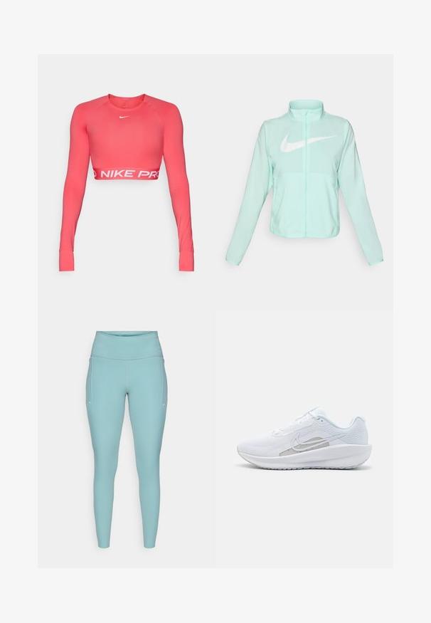 Mint zaļš Nike jaka ar augstu apkakli, pilnu rāvējslēdzēju, garām piedurknēm un izteiksmīgu balto swoosh logotipu uz krūtīm. Viegls audums.; Nike Pro garais piedurkņu īsais tops spilgtā korālī, izgatavots no elastīga auduma. Iezīmē sagriezto apkakli un baltu "NIKE PRO" zīmolu apakšmalā.; Gaiši zili legingi, izgatavoti no elastīga materiāla, ar augstu jostasvietu, bezšuvju dizainu un minimālajiem baltajiem akcentiem sānos.; Baltas sporta apdedzinājums ar sietu augšdaļu, noapaļotu purngalu un teksturētu zoli. Tam ir sudraba Nike zvīņa un minimālisma dizains.