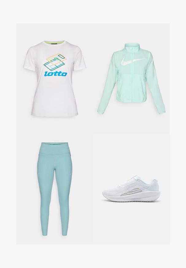 Mint green Nike jacket with a high collar, full zipper, long sleeves, and a prominent white swoosh logo on the chest. Lightweight fabric.; White short-sleeve t-shirt made of cotton, featuring a colorful geometric graphic and "lotto" logo in blue across the front.; Light blue leggings made of stretchable material, featuring a high waistband, seamless design, and minimal white accents on the sides.; White athletic shoe with mesh upper, rounded toe, and textured sole. Features a silver Nike swoosh and minimalistic design.