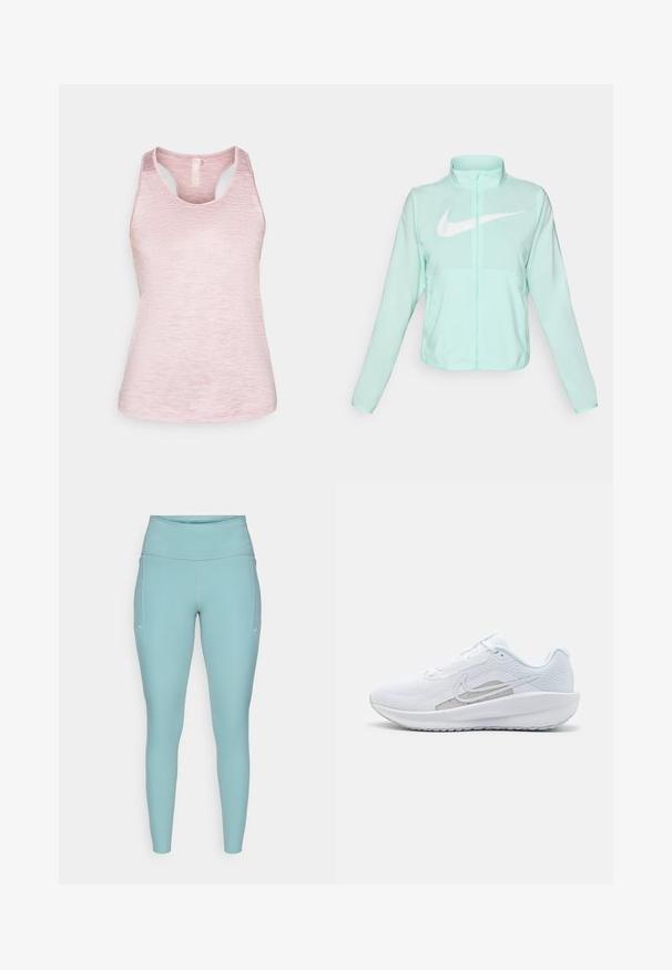 Veste Nike vert menthe avec un col haut, fermeture éclair complète, manches longues et un logo swoosh blanc bien visible sur la poitrine. Tissu léger.; Débardeur sans manches de couleur rose clair avec une texture mélangée, encolure ronde et détail de dos découpé. Tissu doux avec une coupe décontractée.; Leggings bleu clair en matière extensible, dotés d'une taille haute, d'un design sans couture et de légères accents blancs sur les côtés.; Baskets blanches avec une tige en mesh, bout rond et semelle texturée. Présentent un swoosh Nike argenté et un design minimaliste.