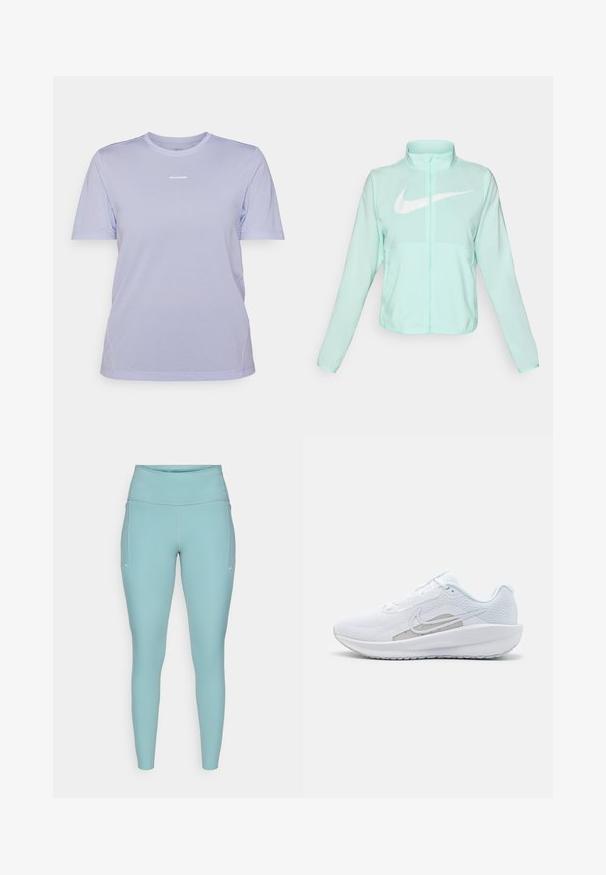Mėtų žalios spalvos Nike striukė su aukštu apykakle, pilnu užtrauktuku, ilgomis rankovėmis ir ryškia balta swoosh logotipu krūtinėje. Lengvas audinys.; Violetinės trumpomis rankovėmis marškinėliai, pagaminti iš laidžios orui medžiagos, su apvalia iškirpte ir subtiliu logotipu, atspausdintu ant krūtinės.; Šviesiai mėlynos legging'ų kelnės, pagamintos iš elastingos medžiagos, su aukšta juosmens juosta, be siūlių dizainu ir minimaliais baltais akcentais šonuose.; Baldas sportinis batelis su tinkleliu viršuje, apvaliu toe ir tekstūruota padais. Pabrėžia sidabrinį Nike swoosh ir minimalistinį dizainą.