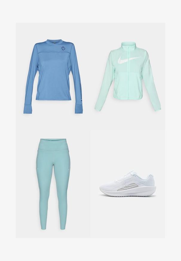 Mėtų žalios spalvos Nike striukė su aukštu apykakle, pilnu užtrauktuku, ilgomis rankovėmis ir ryškia balta swoosh logotipu krūtinėje. Lengvas audinys.; Šviesiai mėlynos spalvos ilgomis rankovėmis sportinė marškinėliai su aukšta apykakle, šoninėmis siūlėmis ir логотипu ant krūtinės bei rankovės. Lygus paviršius.; Šviesiai mėlynos legging'ų kelnės, pagamintos iš elastingos medžiagos, su aukšta juosmens juosta, be siūlių dizainu ir minimaliais baltais akcentais šonuose.; Baldas sportinis batelis su tinkleliu viršuje, apvaliu toe ir tekstūruota padais. Pabrėžia sidabrinį Nike swoosh ir minimalistinį dizainą.