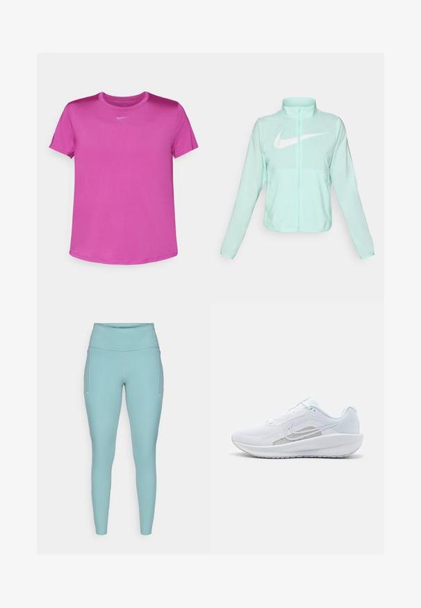 Jaka mint zelene barve Nike z visokim ovratnikom, polnim zadrgo, dolgimi rokavi in izrazitim belim logotipom swoosh na prsih. Lahka tkanina.; Nike Performance ONE CLASSIC TOP - Športne majice - hot fuchsia/black; Svetlo modre leginge iz raztegljivega materiala, ki imajo visok pas, brezšivno zasnovo in minimalne bele poudarke na straneh.; Bela športna čevlja z mrežastim zgornjim delom, zaobljenim nosom in teksturiranim podplatom. Ima srebrni Nike znak in minimalističen dizajn.