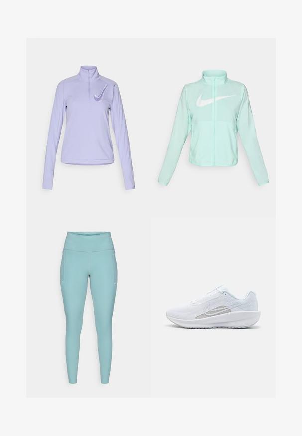 Mátově zelená Nike bunda s vysokým límcem, plným zipem, dlouhými rukávy a výrazným bílým swoosh logem na hrudi. Lehce prodyšný materiál.; Lilacové sportovní tričko s dlouhým rukávem, polo-zip límcem a vyšitým logem. Hladká tkanina s přiléhavým střihem a zakřiveným spodním lemem.; Světle modré legíny vyrobené z elastického materiálu, s vysokým pasem, bezšvovým designem a minimálními bílými akcenty po stranách.; Bílé sportovní boty s síťovaným vrškem, zaoblenou špičkou a texturovanou podrážkou. Mají stříbrný logo Nike a minimalistický design.