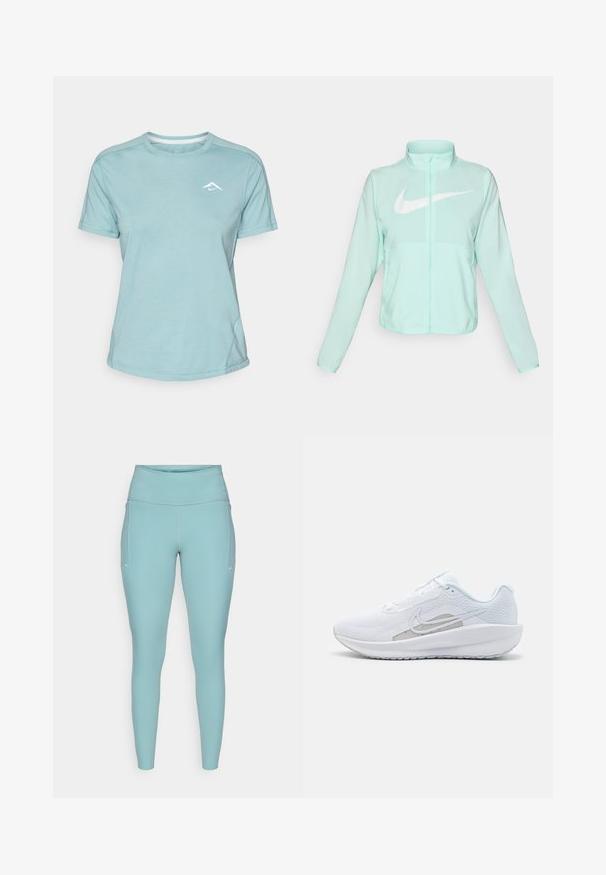 Chaqueta Nike de color verde menta con un alto cuello, cremallera completa, mangas largas y un prominente logo en forma de swoosh blanco en el pecho. Tejido ligero.; Camiseta de manga corta azul claro hecha de una tela suave, con un escote redondo y un pequeño logo blanco en el pecho. Costuras visibles.; Leggings de color azul claro, hechos de material elástico, con una cintura alta, diseño sin costuras y acentos blancos mínimos a los lados.; Zapatilla deportiva blanca con parte superior de malla, punta redondeada y suela texturizada. Presenta un swoosh de Nike plateado y un diseño minimalista.