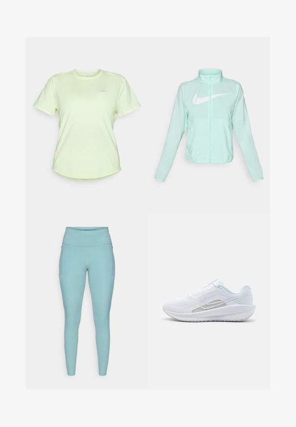 Mint green Nike jacket with a high collar, full zipper, long sleeves, and a prominent white swoosh logo on the chest. Lightweight fabric.; Light green athletic t-shirt made of soft, breathable fabric. Features a round neck, short sleeves, and a small silver logo on the chest.; Light blue leggings made of stretchable material, featuring a high waistband, seamless design, and minimal white accents on the sides.; White athletic shoe with mesh upper, rounded toe, and textured sole. Features a silver Nike swoosh and minimalistic design.