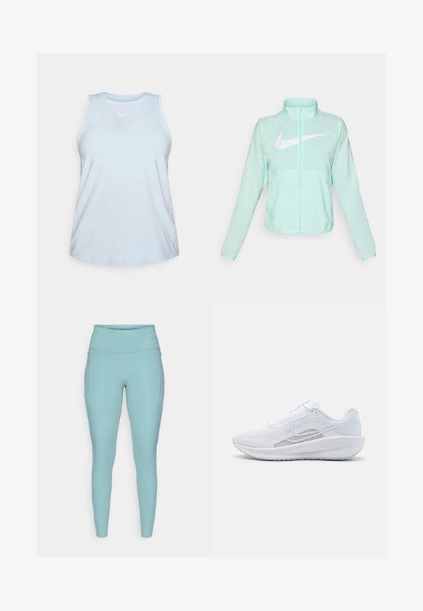Casaco Nike verde menta com colarinho alto, fecho completo, mangas longas e um proeminente logótipo swoosh branco no peito. Tecido leve.; Top de treino sem mangas em azul claro, feito de um tecido liso e leve. Possui um decote redondo e um pequeno logo branco no peito.; Leggings azul claro feitos de material elástico, com uma cintura alta, design sem costuras e mínimos detalhes brancos nas laterais.; Sapatilha atlética branca com parte superior em rede, bico arredondado e sola texturizada. Apresenta o símbolo Nike em prata e um design minimalista.