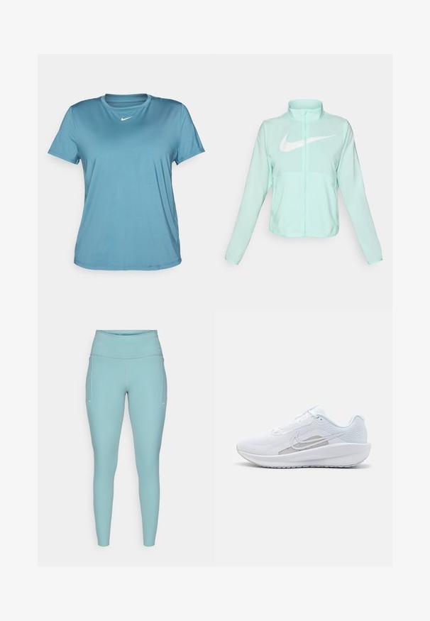 Mintgrønn Nike-jakke med høy krage, full glidelås, lange ermer og en fremtredende hvit swoosh-logo på brystet. Lettvektsmateriale.; Blå kortermet treningstrøye laget av glatt polyester, med rund hals og subtilt Nike-logo på forsiden.; Lyseblå treningstights laget av elastisk materiale, med høy midje, sømløst design og minimale hvite detaljer på sidene.; Hvit sportssko med mesh-overdel, rund tå og teksturert såle. Har en sølvfarget Nike swoosh og et minimalistisk design.