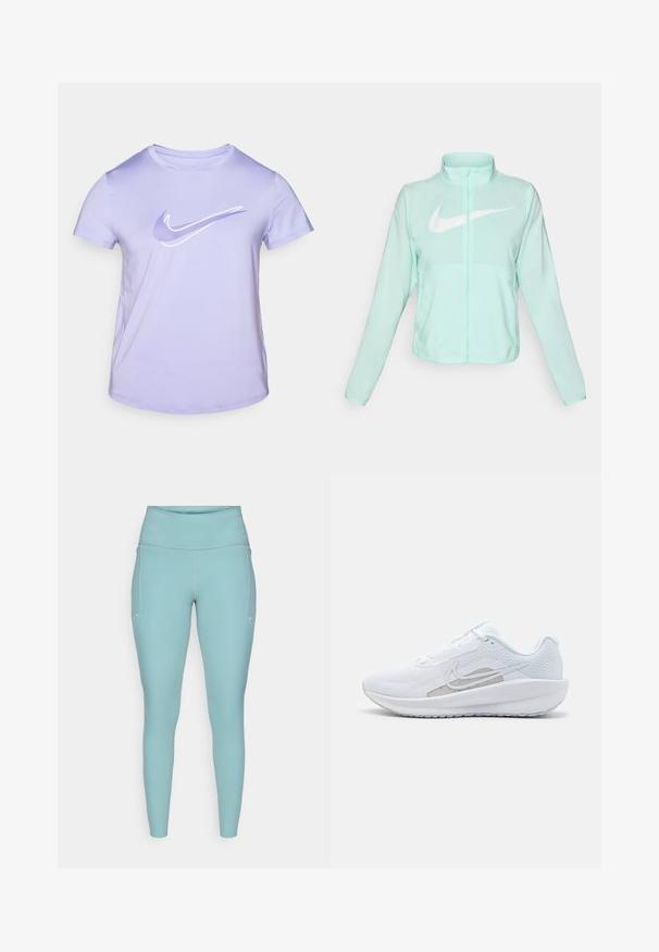 Mintgrønn Nike-jakke med høy krage, full glidelås, lange ermer og en fremtredende hvit swoosh-logo på brystet. Lettvektsmateriale.; Lilla kortermet Nike T-skjorte laget av glatt stoff, med en hvit swoosh-logo over brystet og rund hals.; Lyseblå treningstights laget av elastisk materiale, med høy midje, sømløst design og minimale hvite detaljer på sidene.; Hvit sportssko med mesh-overdel, rund tå og teksturert såle. Har en sølvfarget Nike swoosh og et minimalistisk design.
