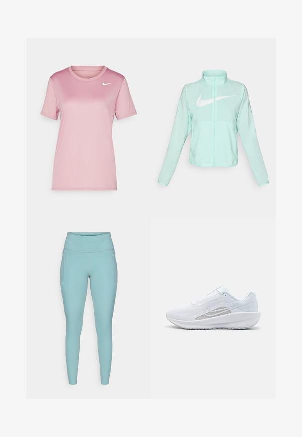 Mündroheline Nike jakk kõrge krae, täispikk tõmblukuga, pikkade varrukatega ja silmapaistva valge swoosh-logo kaeluse peal. Kerge kangas.; Roosa Nike lühikeste varrukatega T-särk, valmistatud siledast kangast. Omab ümmargust kaelust ja väikest valget sutsukirja logo vasakul rinnal.; Heledad hallikas sininelegging, valmistatud venivast materjalist, millel on kõrge vöökoht, õmblusteta disain ja minimaalsed valged aktsendid külgedel.; Valge sportlik king, millel on võrgusilmast ülemine osa, ümar varvas ja tekstureeritud tallad. Omab hõbedast Nike logo ja minimalistikku disaini.