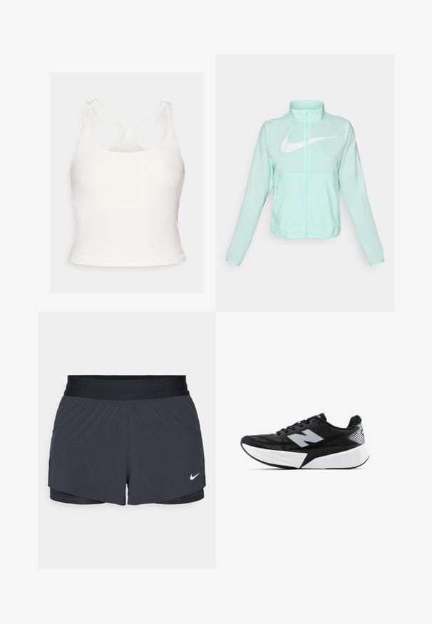 Mintgrüner Nike-Jacke mit hohem Kragen, durchgehendem Reißverschluss, langen Ärmeln und einem auffälligen weißen Swoosh-Logo auf der Brust. Leichtes Material.; Fabletics PRINCIPAL BUILT IN BRA TANK - Top - bone; Schwarze Sportshorts mit elastischem Bund, ausgestattet mit einem geschichteten Design und einem kleinen weißen Nike-Logo unten links. Leichtes Material.; Schwarzer und weißer New Balance Laufschuh mit dicker Sohle, Mesh-Obermaterial und "N"-Logo an der Seite, von der Außenseite betrachtet.