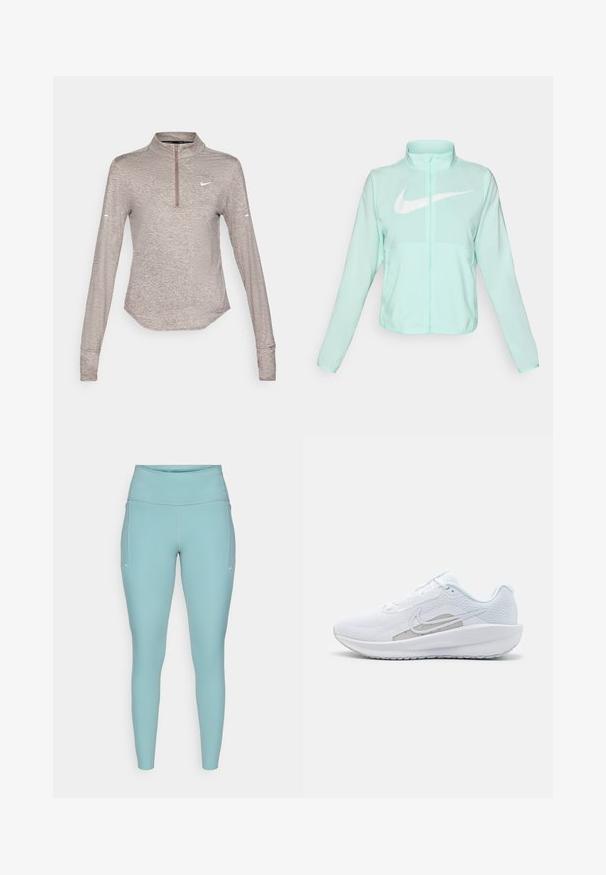 Mintgroene Nike-jas met een hoge kraag, volledige rits, lange mouwen en een opvallend wit swoosh-logo op de borst. Lichtgewicht stof.; Lichtbruine lange mouwen sporttop met een kwart ritssluiting, textuurstof en een klein wit Nike-logo op de borst.; Lichtblauwe leggings gemaakt van rekbaar materiaal, met een hoge tailleband, een naadloos ontwerp en minimale witte accenten aan de zijkanten.; Witte sportieve schoen met een bovenwerk van mesh, ronde neus en een textuurzool. Beschikt over een zilveren Nike swoosh en een minimalistisch ontwerp.