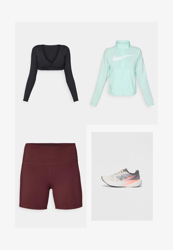 Mėtų žalios spalvos Nike striukė su aukštu apykakle, pilnu užtrauktuku, ilgomis rankovėmis ir ryškia balta swoosh logotipu krūtinėje. Lengvas audinys.; Juodas ilgomis rankovėmis crop top'as su giliu V formos iškirpimu ir suktos priekinės dalies dizainu, pagamintas iš lygaus, elastingo audinio.; Bordo spalvų sportiniai šortai su aukštu liemeniu, pagaminti iš lygaus, tampraus audinio; turi plokščią siūlę be kišenių.; Šviesiai pilkos ir rožinės spalvos New Balance bėgimo bateliai su storu baltu padu ir juodu padu, šoninis vaizdas ant vientiso fono.