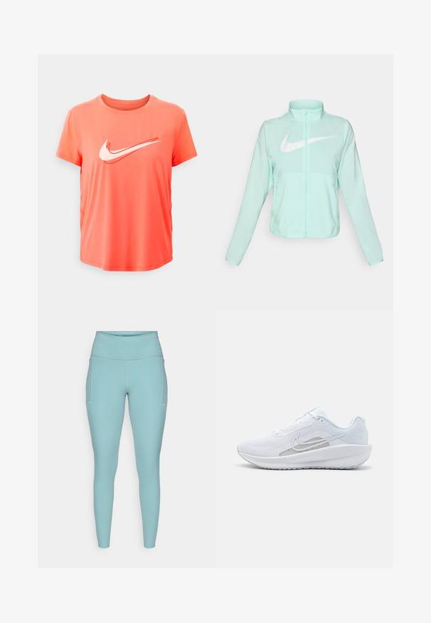 Miętowo-zielona kurtka Nike z wysokim kołnierzem, pełnym zamkiem błyskawicznym, długimi rękawami i wyraźnym białym logo swoosh na piersi. Lekki materiał.; Koszulka sportowa z krótkim rękawem w jasnym koralowym kolorze z białym logo Nike. Wykonana z gładkiego, lekkiego materiału z okrągłym dekoltem.; Jasnoniebieskie legginsy wykonane z elastycznego materiału, z wysokim pasem, bezszwowym wzornictwem i minimalnymi białymi akcentami po bokach.; Białe sportowe buty z siateczkową cholewką, zaokrąglonym noskiem i teksturowaną podeszwą. Posiadają srebrny logo Nike i minimalistyczny design.
