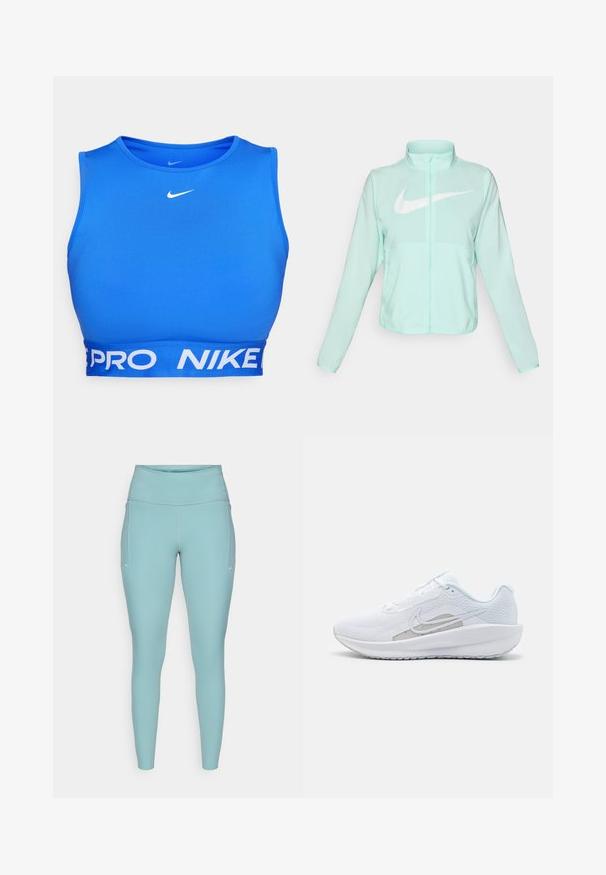 Jaka mint zelene barve Nike z visokim ovratnikom, polnim zadrgo, dolgimi rokavi in izrazitim belim logotipom swoosh na prsih. Lahka tkanina.; Modra športna nedrčka iz gladkega blaga, z okroglim izrezom, širokim belim pasom z napisom "PRO" in "NIKE" ter logotipom na prsih.; Svetlo modre leginge iz raztegljivega materiala, ki imajo visok pas, brezšivno zasnovo in minimalne bele poudarke na straneh.; Bela športna čevlja z mrežastim zgornjim delom, zaobljenim nosom in teksturiranim podplatom. Ima srebrni Nike znak in minimalističen dizajn.