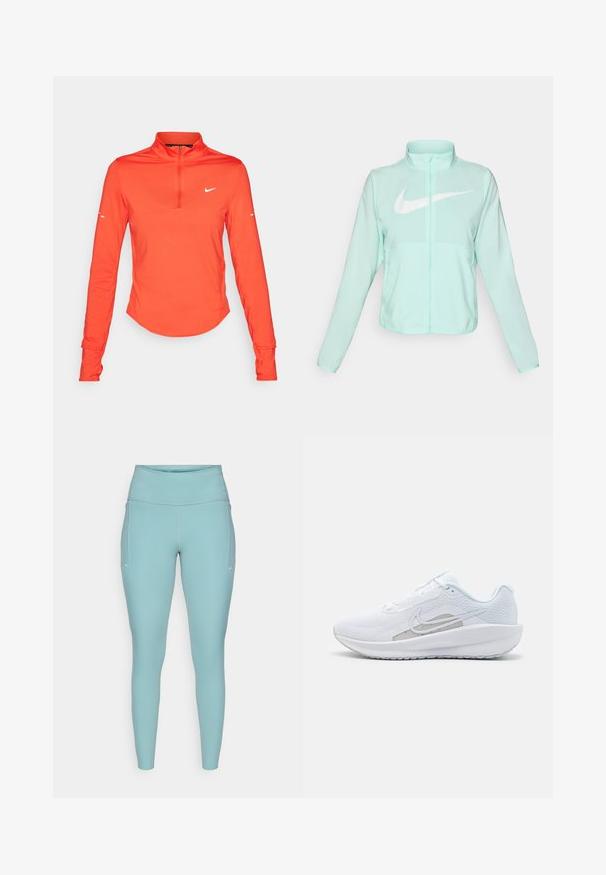 Mintgrøn Nike-jakke med høj krave, fuld lynlås, lange ærmer og et fremtrædende hvidt swoosh-logo på brystet. Letvægtsstof.; Langærmet atletisk bluse i orange med halv lynlås krave, glat tekstur, og med et hvidt logo på brystet og ærmet.; Lyseblå leggings lavet af strækbart materiale, med en høj talje, sømløst design og minimale hvide detaljer på siderne.; Hvid træningssko med mesh-overdel, rund tå og tekstureret sål. Har et sølvfarvet Nike-swoosh og et minimalistisk design.
