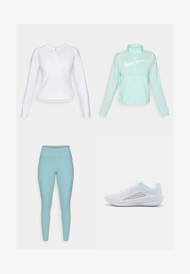 Mint green Nike jacket with a high collar, full zipper, long sleeves, and a prominent white swoosh logo on the chest. Lightweight fabric.; Long-sleeve white athletic top with a quarter-zip collar, smooth texture, and subtle logo detail on the chest.; Light blue leggings made of stretchable material, featuring a high waistband, seamless design, and minimal white accents on the sides.; White athletic shoe with mesh upper, rounded toe, and textured sole. Features a silver Nike swoosh and minimalistic design.