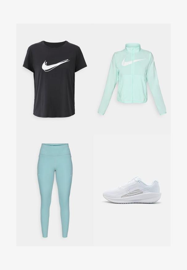 Mündroheline Nike jakk kõrge krae, täispikk tõmblukuga, pikkade varrukatega ja silmapaistva valge swoosh-logo kaeluse peal. Kerge kangas.; Must musta № с качиними кратками, valmistatud siledast kangast, esiküljel on silmapaistev valge Nike'i swooshi logo. Lihtne, ümmargune kaelus.; Heledad hallikas sininelegging, valmistatud venivast materjalist, millel on kõrge vöökoht, õmblusteta disain ja minimaalsed valged aktsendid külgedel.; Valge sportlik king, millel on võrgusilmast ülemine osa, ümar varvas ja tekstureeritud tallad. Omab hõbedast Nike logo ja minimalistikku disaini.