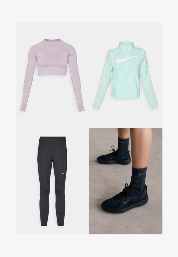 Mündroheline Nike jakk kõrge krae, täispikk tõmblukuga, pikkade varrukatega ja silmapaistva valge swoosh-logo kaeluse peal. Kerge kangas.; Lilla pika varrukaga crop-top, mis on valmistatud venivast kangast. Omab ümmargust kaelust ja soonikserva. Sile tekstuur ja liibuv disain.; Mustad mustadest leggingid, mis on valmistatud venivast kangast, kõrge vöökoha ja valge Nike logo abil vasakul reiel. Sile tekstuur, keha järgiv disain.; Mustad mustad Nike tossud tekstuurilise kudumisega pealisega, millel on hall swooshi logo, koos tumedate ribakudumiga sokkidega. Tasane kummitald.