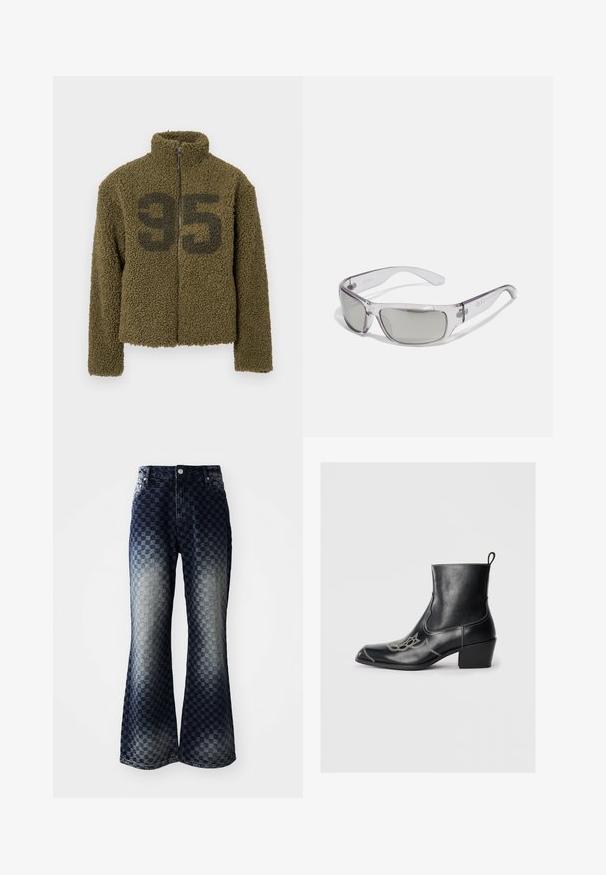 Faux fur jacket in shades of brown with a fold-over collar. Features a front closure, long sleeves, and a soft, textured surface.; Olive green, fleece jacket with a high collar, zip closure, and cropped design. Features a large black "95" printed on the front.; Long-sleeve thermal shirt in olive green with a fitted design, featuring a high neck and contrasting striped texture. Brand name "MISBHV" displayed prominently.; Flared denim jeans with a dark to light ombre checkered pattern, featuring a zipper fly, classic five-pocket design, and silver hardware accents.; Black leather ankle boots with a square toe, decorative stitching, and a low block heel. Features a pull tab for easy wear.; Sunglasses with a clear plastic frame, gray lenses, wrap-around design, and logo detail on the side. Smooth texture with curved arms.; Person holding a large textured yellow and blue tote bag, wearing blue checkered pants and white sneakers on a gray floor.