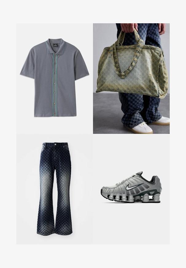 Umelý kožuch v hnedých odtieňoch s prekladaným golierom. Má predné zapínanie, dlhé rukávy a mäkký, textúrovaný povrch.; Sivá polokošeľa s krátkym rukávom s kontrastným modro-zeleným pruhom pozdĺž gombíkovej légy a piatimi hnedými gombíkmi. Mäkká textúra látky.; Dlhý rukáv termo tričko v olivovo zelenej farbe s priliehavým strihom, ktoré má vysoký golier a kontrastnú pruhovanú textúru. Názov značky "MISBHV" je výrazne zobrazený.; Rozšírené džínsy z denimu s ombre šachovnicovým vzorom prechádzajúcim z tmavej na svetlú, so zipsovým zapínaním, klasickým designom s piatimi vreckami a striebornými doplnkami.; Sivé a čierne bežecké topánky Nike s viditeľným odpružením podobným pružine pod podrážkou a bielym logom swoosh na boku.; Osoba drží veľkú textúrovanú žltú a modrú tašku, má na sebe modré kockované nohavice a biele tenisky na šedej podlahe.