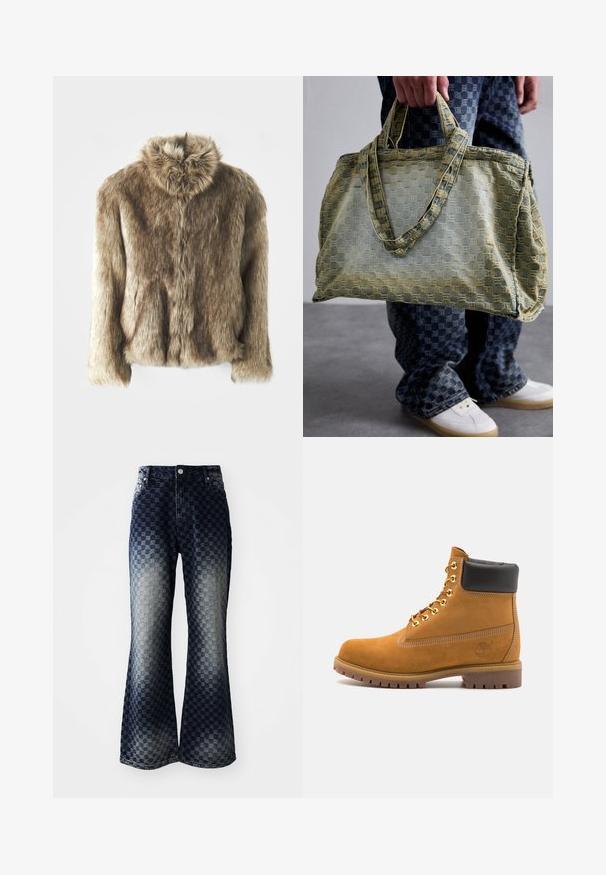 Nepvachtjack in bruintinten met een omgeslagen kraag. Heeft een voorklep, lange mouwen en een zachte, gestructureerde oppervlakte.; Langarm thermoshirt in olijfgroen met een nauwsluitend ontwerp, voorzien van een hoge hals en contrasterende gestreepte textuur. Merknamen "MISBHV" prominent weergegeven.; Uitlopende spijkerbroek met een donker naar licht ombre ruitpatroon, voorzien van een ritsgulp, een klassieke vijf-pocketdesign en accenten van zilverkleurige hardware.; Tan suède enkelboot met zwart gevoerd kraagje, gouden metalen oogjes, witte stikdetails en een robuuste rubberen zool met uitgesproken profiel.; Een persoon houdt een grote, gestructureerde gele en blauwe tote bag vast, draagt blauwe geblokte broek en witte sneakers op een grijze vloer.