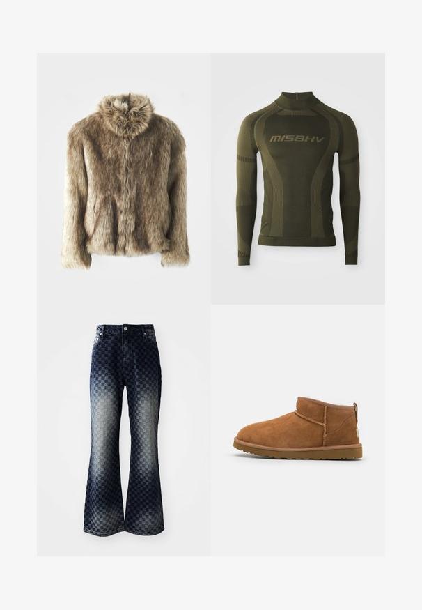Faux furjakke i brune nuancer med en fold-over krave. Den har en frontlukning, lange ærmer og en blød, tekstureret overflade.; Langærmet termisk skjorte i olivengrøn med et tætsiddende design, der har høj hals og kontraststribet tekstur. Brandnavnet "MISBHV" fremtrædende.; Udfyldte denimjeans med et mørkt til lyse ombre ternet mønster, der har en lynlåsgylf, klassisk fem-lomme design og sølvfarvede hardwaredetaljer.; Sandal mellemhøje støvler i tan ruskind med en rund tå, subtile syninger og en tekstureret gummisål. Kort højde uden snørebånd.