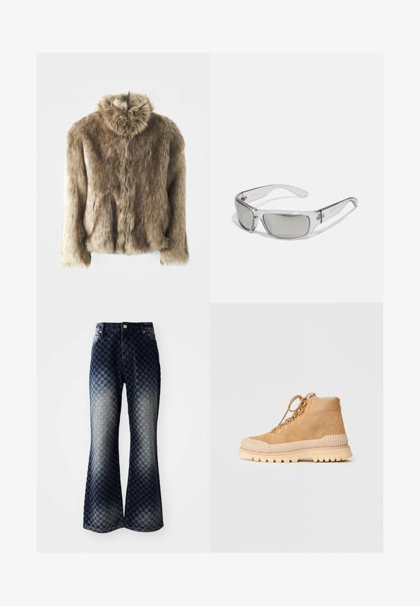 Praktiline kunstkarusnahk jope pruunides toonides, millel on kaelus. Omab eesmist sulgemist, pikki varrukaid ja pehmet, tekstureeritud pinda.; Pikem varrukaga termopesu särk oliivrohelises värvuses, millel on vormitud disain, kõrge kaelus ja kontrastsete triipudega tekstuur. Brändinimi "MISBHV" on esitatud silmatorkavalt.; Laienevad teksad tumesinine kuni heledani ombre ruuduline muster, millel on lukuga süda, klassikaline viie tasku disain ja hõbedased aksessuaarid.; Kohvatu suede kõrgevaryük kingad ribisega kummist tallaga, ümmargune varvas ja metallist silmad paelte jaoks; sisaldab plüüsist sisetaldadega.; Selge plastikraamiga prillid, hallid läätsed, ümbermõõtva disainiga ja küljes logodetail. Sile tekstuur kaardus kätega.; Inimene hoiab suurt tekstuuriga kollast ja sinist käsitaskut, kandes siniseid ruudulisi pükse ja valgeid spordijalgu hallil põrandal.