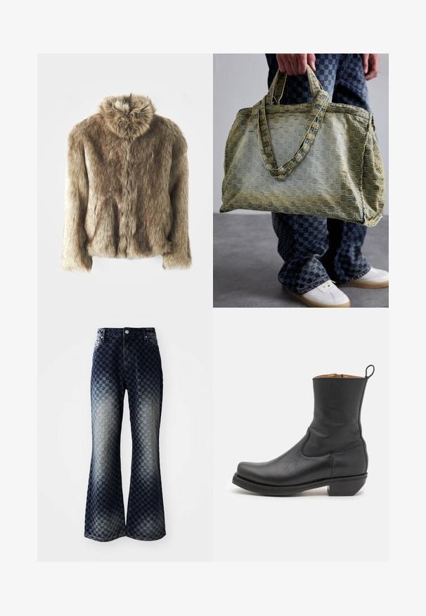 Faux-Fur-Jacke in Brauntönen mit umschlägigem Kragen. Verfügt über einen Frontverschluss, lange Ärmel und eine weiche, strukturierte Oberfläche.; Langärmliges Thermalshirt in Olivgrün mit taillierter Passform, hochgeschlossen und mit kontrastierendem gestreiftem Muster. Markenname "MISBHV" deutlich sichtbar.; Ausgestellte Jeans aus Denim mit einem dunkel-zu-hellen Ombre-Karomuster, ausgestattet mit einem Reißverschluss, klassischem Fünf-Taschen-Design und silbernen Hardware-Akzenten.; Schwarze Leder-Stiefelette mit glatter Oberfläche, schlankem Profil, seitlicher Naht und niedrigem, quadratischen Absatz. Verfügt über eine Zuglasche an der Rückseite.; Eine Person hält eine große, strukturiert gelbe und blaue Tragetasche und trägt karierte blaue Hosen sowie weiße Turnschuhe auf einem grauen Boden.