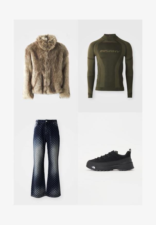 Faux fur jacket in shades of brown with a fold-over collar. Features a front closure, long sleeves, and a soft, textured surface.; Long-sleeve thermal shirt in olive green with a fitted design, featuring a high neck and contrasting striped texture. Brand name "MISBHV" displayed prominently.; Flared denim jeans with a dark to light ombre checkered pattern, featuring a zipper fly, classic five-pocket design, and silver hardware accents.; Black outdoor sneaker with a suede upper, textured rubber sole, and sturdy lacing system. Features a reinforced heel and brand logo on the side.