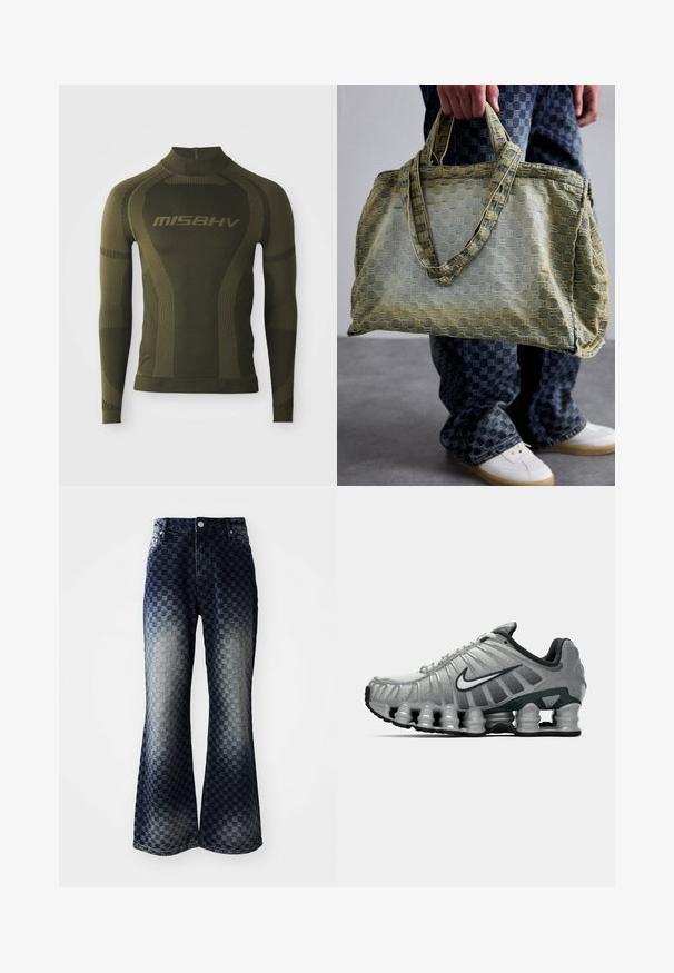 Umělá kožešinová bunda v odstínech hnědé s přehnaným límcem. obsahuje přední zapínání, dlouhé rukávy a měkký, texturovaný povrch.; Dlouhý rukáv termální tričko v olivově zelené barvě s přiléhavým střihem, který má vysoký límec a kontrastní pruhovanou texturu. Výrazně zobrazená značka "MISBHV".; Rozšířené džínové kalhoty s tmavě až světlou ombre kostkovanou strukturou, které mají zip v přední části, klasický pětikapsový design a stříbrné detaily.; Šedá a černá běžecká obuv Nike s viditelným odpružením podobným pružině pod podrážkou a bílým logem swoosh na boku.; Osoba držící velkou texturovanou žlutou a modrou tašku, oblečená v modrých kostičkovaných kalhotách a bílých teniskách na šedé podlaze.