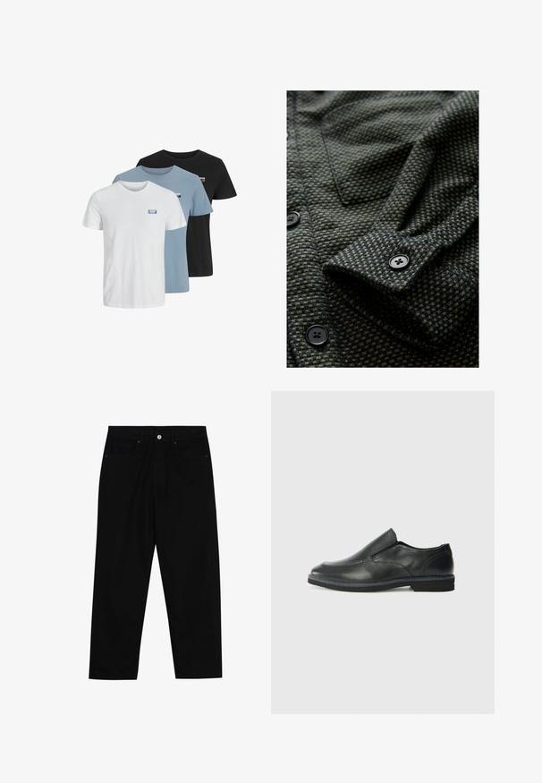 Tejido verde oscuro texturizado con un pequeño patrón de cuadros, que presenta una manga doblada y botones negros. Detalle de costura notable.; Tres camisetas de manga corta en blanco, azul claro y negro, hechas de algodón. Cada una presenta un pequeño logo en la parte izquierda del pecho.; Pantalones de mezclilla negra con corte recto, diseño de cinco bolsillos y cierre frontal con botón. Textura suave con detalles de costura mínimos.; Zapato negro de cuero sin cordones con un upper suave, detalles de costura, punta redonda y un bajo tacón de goma. La suela presenta una tracción mínima.