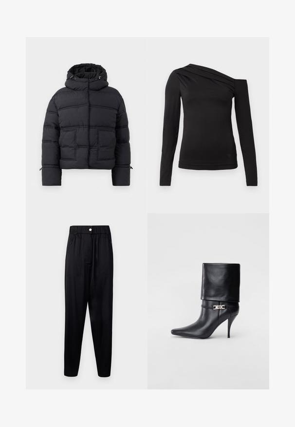 Svart polstret jakke med høy krage, to frontlommer og snor i hetten. Har quiltet design og ribbede mansjetter for ekstra varme.; Svart langermet topp med asymmetrisk halslinje, med én skulder eksponert og mild drapering over brystet.; Sorte bukser laget av glatt, lett stoff. Har elastisk midje, sidelommer og smale bein for avslappet passform.; Sorte lærstøvlett med spiss tå, høy stiletthel, omslagskant og en dekorativ gullspenne rundt ankelen.