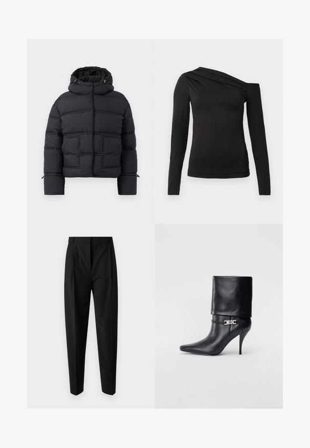 Črna podložena jakna z visokim ovratnikom, dvema sprednjima žepoma in kapuco z vrvico. Ima prešito zasnovo in rebraste manšete za dodatno toploto.; Črna dolga majica z dolgimi rokavi z asymetričnim izrezom, ki razkriva eno ramo in ima nežno padajočo draperijo čez prsi.; Črne karirane klasične hlače z gladko teksturo, s precej ravnim krojem in sprednjimi plisami, primerne za formalne priložnosti.; Črne usnjene gležnjarje z ostrim nosom, visokim stiletto peto, zavihanim robom in zlatim okrasnim zaponko na gležnju.