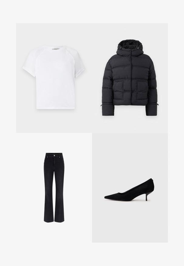 Black padded jacket with a high collar, two front pockets, and drawstring hood. Features quilted design and ribbed cuffs for added warmth.; White cotton t-shirt with a crew neckline, short raglan sleeves, and a relaxed fit. Smooth texture with no visible patterns or accents.; Black denim flared jeans featuring a high waist, five-pocket design, and metallic button accents on the sides. Smooth texture and classic fit.; Black suede high heel shoe with a pointed toe and a slim, low heel. Smooth texture with a sleek design, featuring no visible hardware.